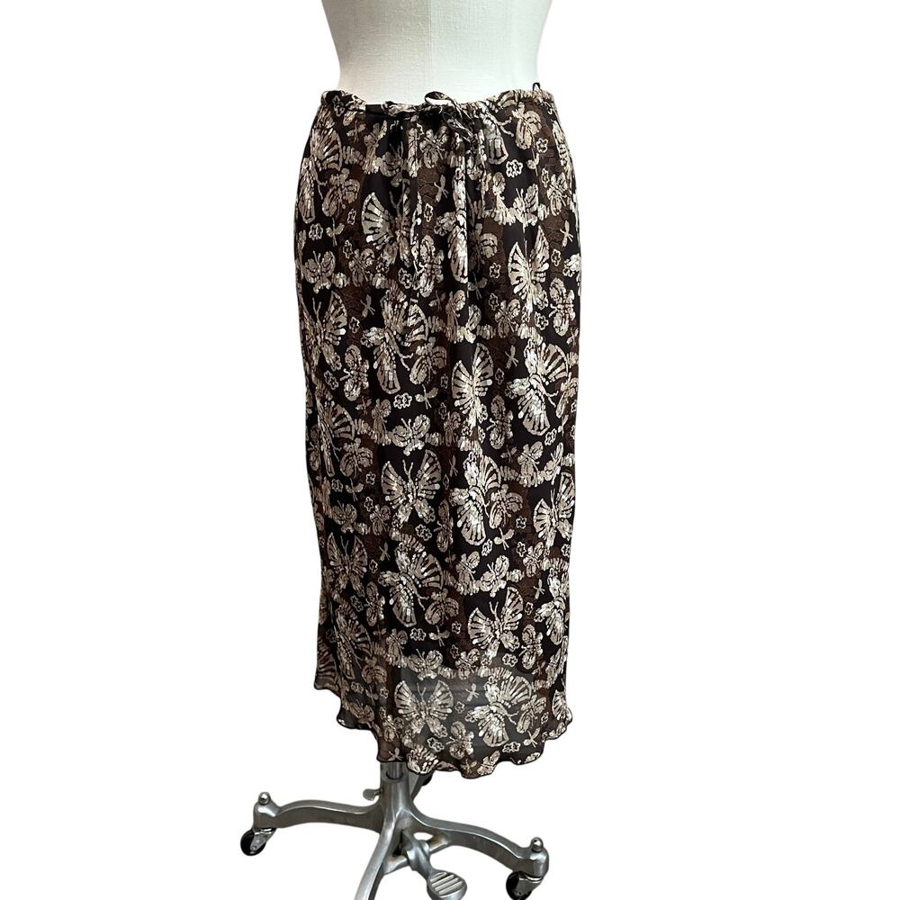 Y2K H&M Butterfly Midi Skirt‎ Brown Tan Drawstring Romantic Fairycore 12